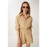 Happiness İstanbul Kadın Camel Çizgili Dokuma Mini Şort Tulum WF00128