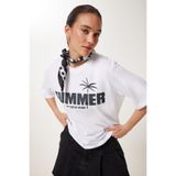 Happiness İstanbul Kadın Ekru Baskılı Oversize Rahat Örme T-Shirt US01001