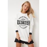 Happiness İstanbul Kadın Ekru Baskılı Oversize Şardonlu Örme Sweatshirt KB00038