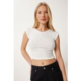Happiness İstanbul Kadın Ekru Taş Detaylı Crop Fitilli Örme Bluz MX00194