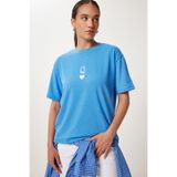 Happiness İstanbul Kadın Gök Mavi Baskılı Oversize Örme T-Shirt AN00245