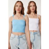 Happiness İstanbul Kadın Gök Mavi Beyaz 2’Li Paket Askılı Esnek Crop Örme Bluz WF00157