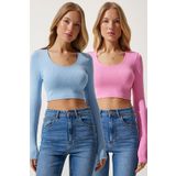 Happiness İstanbul Kadın Gök Mavi Pembe U Yaka Fitilli 2'Li Paket Crop Triko Bluz PF00069