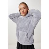 Happiness İstanbul Kadın Gri Kapüşonlu Cepli Polar Sweatshirt ZV00344