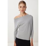 Happiness İstanbul Kadın Gri Kayık Yaka Basic Triko Bluz UB00473