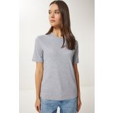 Happiness İstanbul Kadın Gri Melanj Pamuklu Basic Örme T-Shirt AG00001