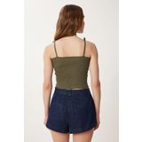 Happiness İstanbul Kadın Haki Hardal 2’Li Paket Askılı Esnek Crop Örme Bluz WF00157