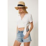 Happiness İstanbul Kadın Kemik Anvelop Yaka Crop Dokuma Bluz Lİ00122