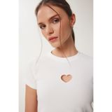Happiness İstanbul Kadın Kemik Kalp Nakışlı Fitilli Örme T-Shirt ZV00289