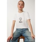 Happiness İstanbul Kadın Kemik Şık Taşlı Armalı Pamuklu Örme T-Shirt CR00473