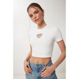 Happiness İstanbul Kadın Kemik Şık Taşlı Kalp Detaylı Crop Örme Bluz KH00101