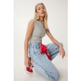 Happiness İstanbul Kadın Kemik Siyah Çizgili Fitilli Örme Crop Bluz UB00342