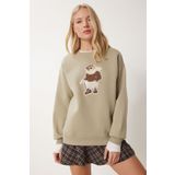 Happiness İstanbul Kadın Kil Yeşili Ayıcık Armalı Şardonlu Örme Sweatshirt WE00001