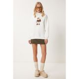 Happiness İstanbul Kadın Kırık Beyaz Ayıcık Armalı Şardonlu Örme Sweatshirt WE00001