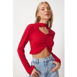 Happiness İstanbul Kadın Kırmızı Cut Out Detaylı Büzgülü Crop Örme Bluz FN03369