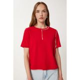 Happiness İstanbul Kadın Kırmızı Kontrast Dikiş Detaylı Örme T-Shirt TP00087