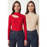 Happiness İstanbul Kadın Kırmızı Krem 2'Li Paket Cut Out Detaylı Fitilli Örme Bluz GT00235