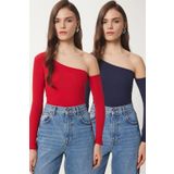 Happiness İstanbul Kadın Kırmızı Lacivert Açık Omuzlu Fitilli 2'Li Örme Bluz TG00013