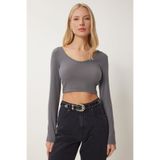 Happiness İstanbul Kadın Koyu Gri V Yaka Crop Bluz UB00171