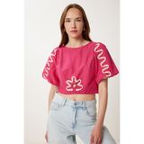 Happiness İstanbul Kadın Koyu Pembe Balon Kollu İşlemeli Crop Poplin Bluz TP00082