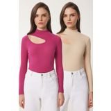 Happiness İstanbul Kadın Koyu Pembe Krem 2'Li Paket Cut Out Detaylı Fitilli Örme Bluz GT00235