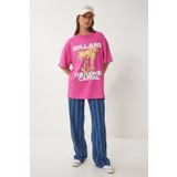 Happiness İstanbul Kadın Koyu Pembe Oversize Baskılı Örme T-Shirt JH00054