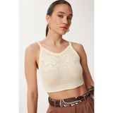 Happiness İstanbul Kadın Krem Askılı Ajurlu Yazlık Crop Triko Bluz NS00429