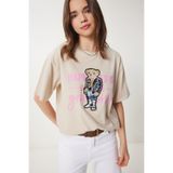Happiness İstanbul Kadın Krem Ayıcık Armalı Pamuklu Oversize Örme T-Shirt CR00461