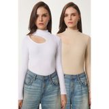 Happiness İstanbul Kadın Krem Beyaz 2'Li Paket Cut Out Detaylı Fitilli Örme Bluz GT00235