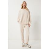 Happiness İstanbul Kadın Krem Bisiklet Yaka Oversize Örme Eşofman Takımı FN03456