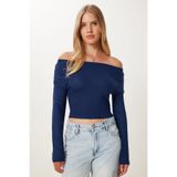 Happiness İstanbul Kadın Lacivert Büzgülü Kayık Yaka Crop Bluz UB00422