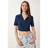 Happiness İstanbul Kadın Lacivert Polo Yaka Crop Ayrobin Bluz WF00136