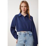 Happiness İstanbul Kadın Lacivert Polo Yaka Şardonlu Crop Örme Sweatshirt HW00014