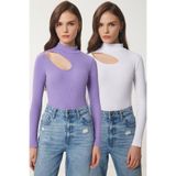 Happiness İstanbul Kadın Lila Beyaz 2'Li Paket Cut Out Detaylı Fitilli Örme Bluz GT00235