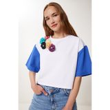 Happiness İstanbul Kadın Mavi Beyaz Çiçek Detaylı Crop Örme T-Shirt TP00085