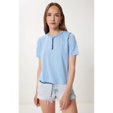Happiness İstanbul Kadın Mavi Kontrast Dikiş Detaylı Örme T-Shirt TP00087