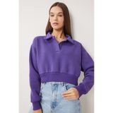 Happiness İstanbul Kadın Mor Polo Yaka Şardonlu Crop Örme Sweatshirt HW00014