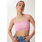 Happiness İstanbul Kadın Pembe Askılı Esnek Yazlık Triko Crop Bluz NS00436