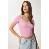 Happiness İstanbul Kadın Pembe Basic Crop Örme Bluz FW00007