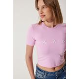Happiness İstanbul Kadın Pembe Fiyonk Detaylı Crop T-Shirt MC00279