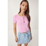 Happiness İstanbul Kadın Pembe Fiyonklu Örme T-Shirt MC00296