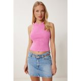 Happiness İstanbul Kadın Pembe Halter Yaka Yıkamalı Fitilli Örme Bluz NS00437