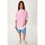 Happiness İstanbul Kadın Pembe Kalp Nakışlı Pamuklu Örme T-Shirt AN00244