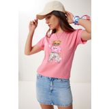 Happiness İstanbul Kadın Pembe Taş Detaylı Ayıcık Baskılı Örme T-Shirt BW00001