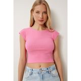 Happiness İstanbul Kadın Pembe Taş Detaylı Crop Fitilli Örme Bluz MX00194