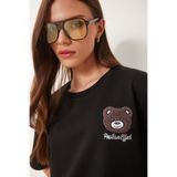Happiness İstanbul Kadın Siyah Ayıcık Armalı Crop Örme T-Shirt ZV00298