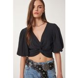Happiness İstanbul Kadın Siyah Balon Kollu Crop Dokuma Bluz RG00052