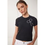 Happiness İstanbul Kadın Siyah Boncuklu Fiyonk Detaylı Örme T-Shirt ZV00290