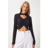 Happiness İstanbul Kadın Siyah Cut Out Detaylı Büzgülü Crop Örme Bluz FN03369