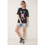 Happiness İstanbul Kadın Siyah Fiyonk Baskılı Örme T-Shirt VN00024